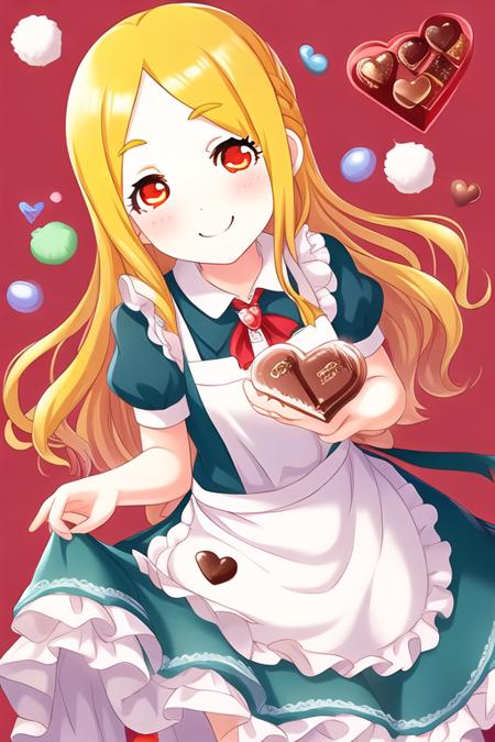 05978-2749363693-Mochizuki Hijiri, 1girl, apron, blonde hair, blue dress, blush, brooch, candy, chocolate, chocolate heart, dot nose, dress, food.png